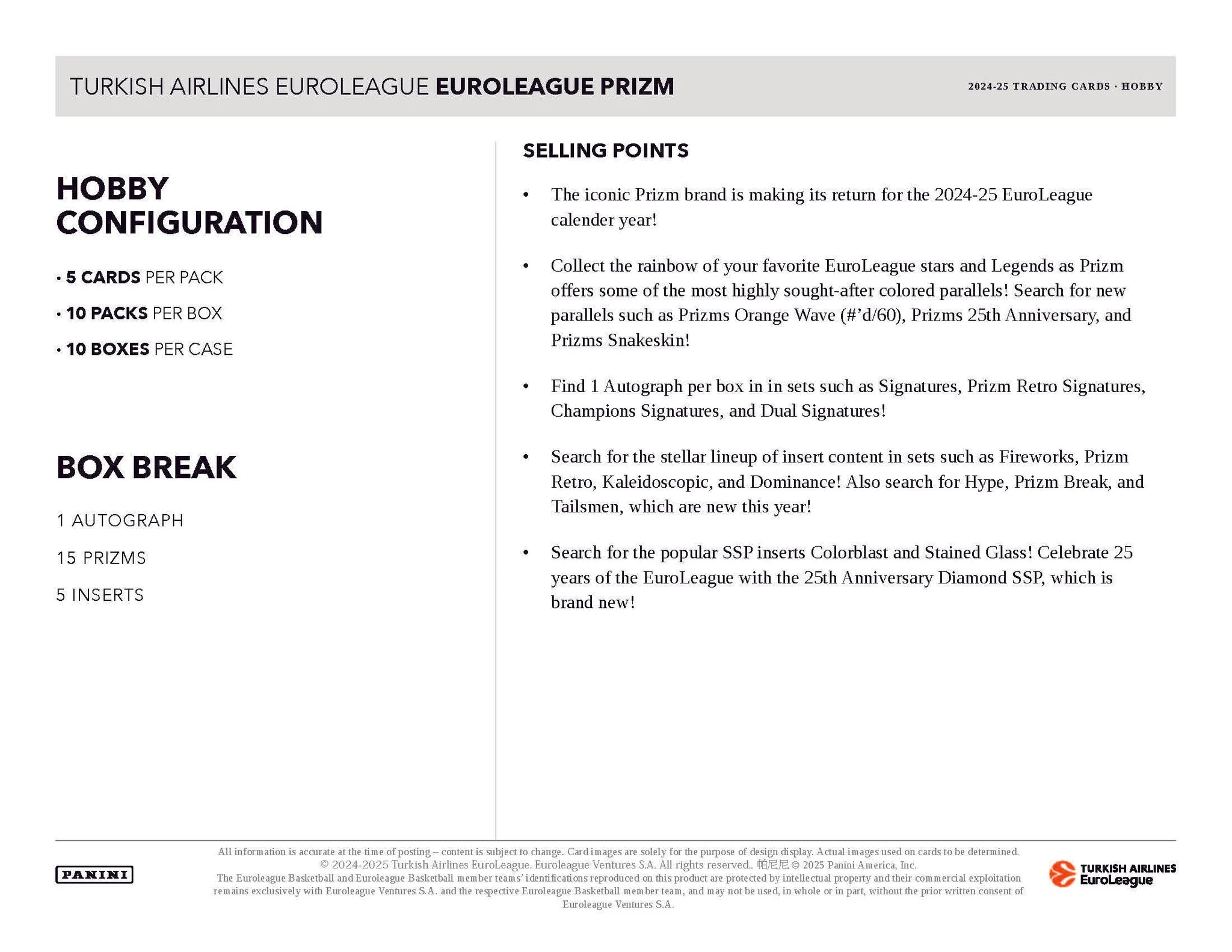 2024-25 Panini Prizm Turkish Airlines Euroleague Basketball Hobby Box  Regular price