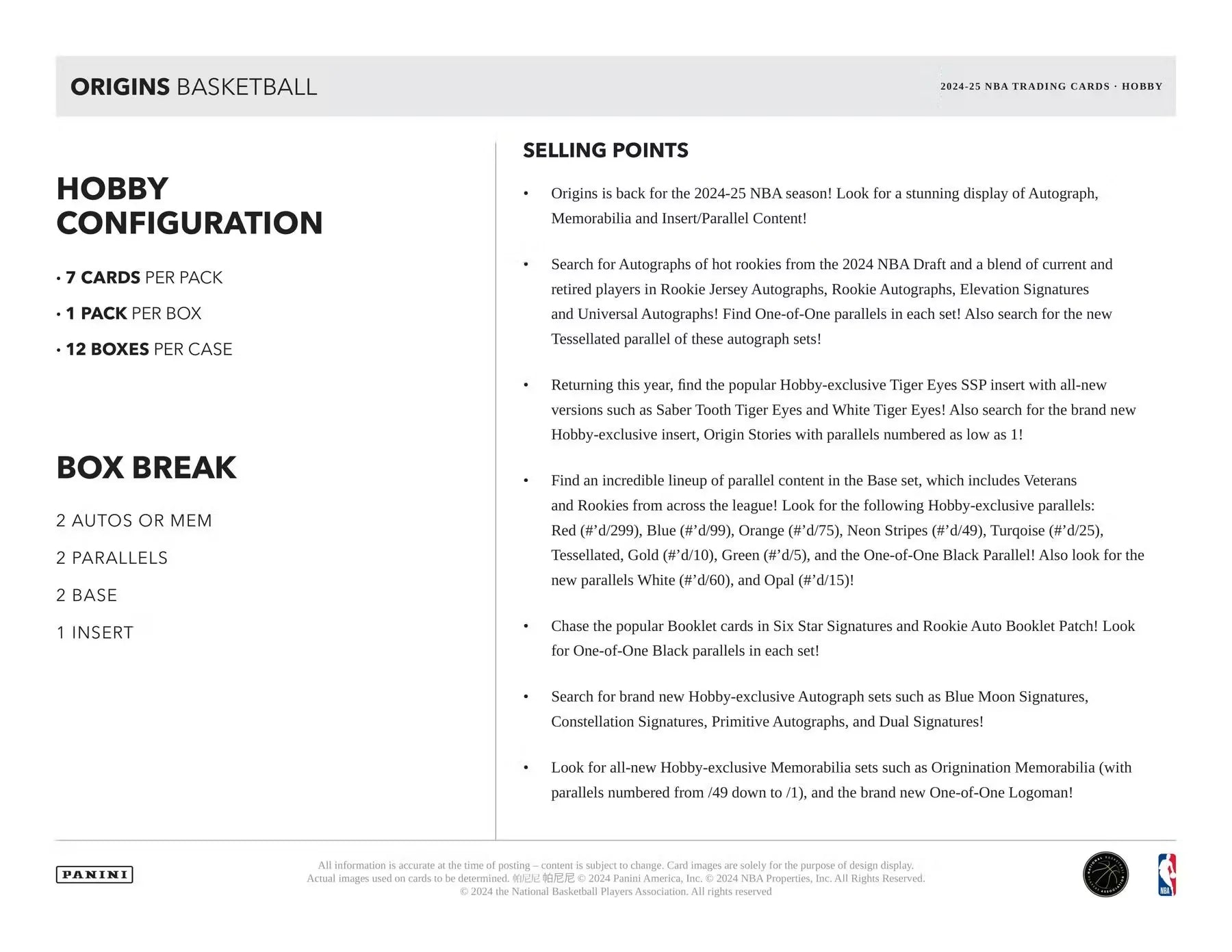 2024/25 Panini Origins Basketball Hobby Box