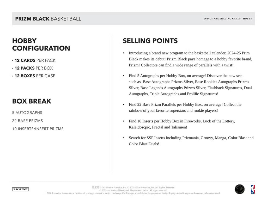 2024-25 PANINI PRIZM BLACK NBA BASKETBALL HOBBY BOX