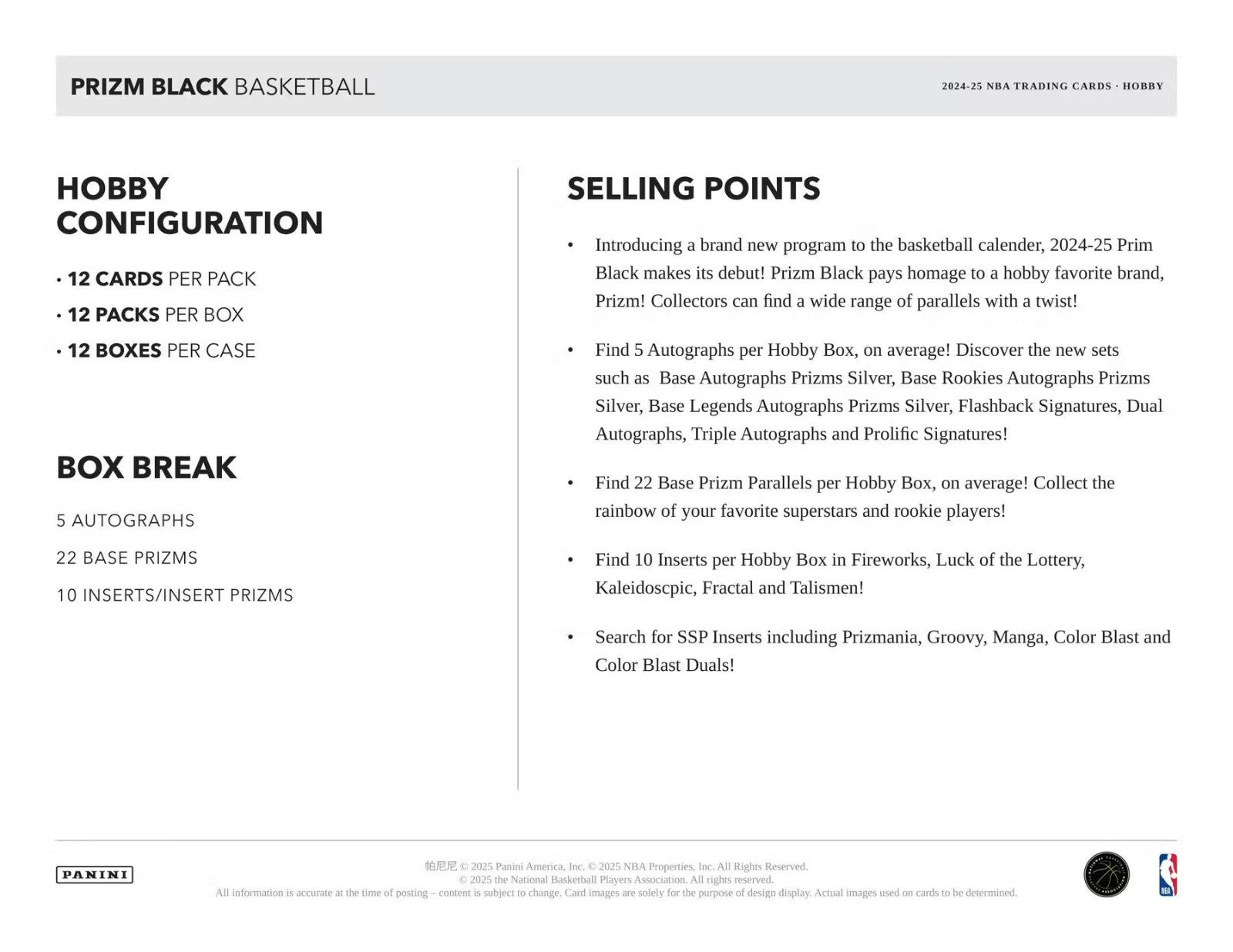 2024-25 PANINI PRIZM BLACK NBA BASKETBALL HOBBY BOX