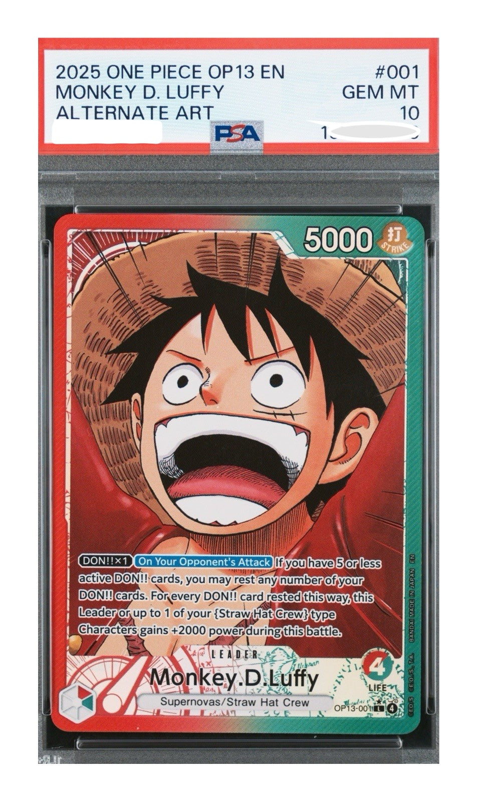 ONE PIECE JAPANESE OP13-CARRYING ON HIS WILL #001 MONKEY D. LUFFY OP13-001 PSA10